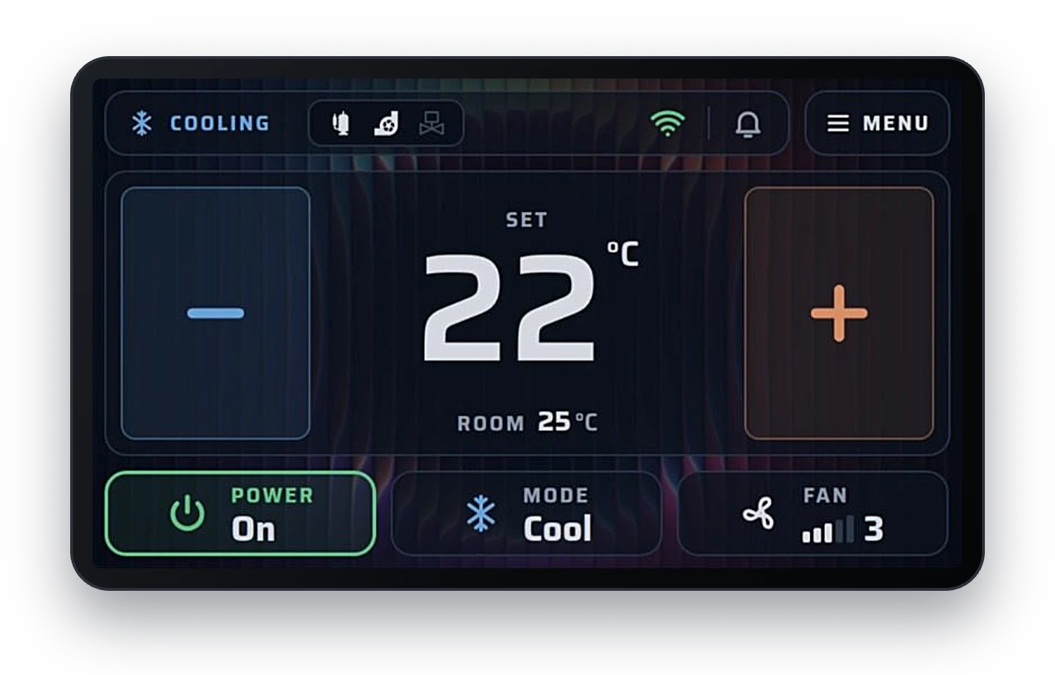 MBC Marine Smart Touch display showing cooling mode, 22 °C setpoint, room temperature, power, mode and fan speed